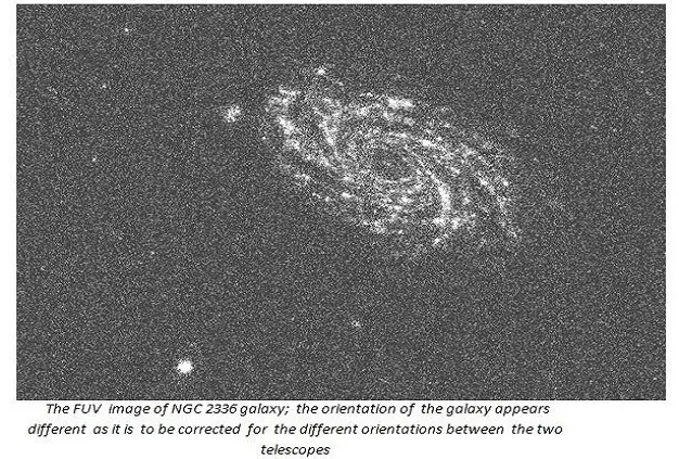 NGC 2336 आकाशगंगा की FUV छवि;  आकाशगंगा का अभिविन्यास अलग दिखाई देता है क्योंकि इसे दो दूरबीनों के बीच अलग-अलग झुकावों के लिए ठीक किया जाना है  