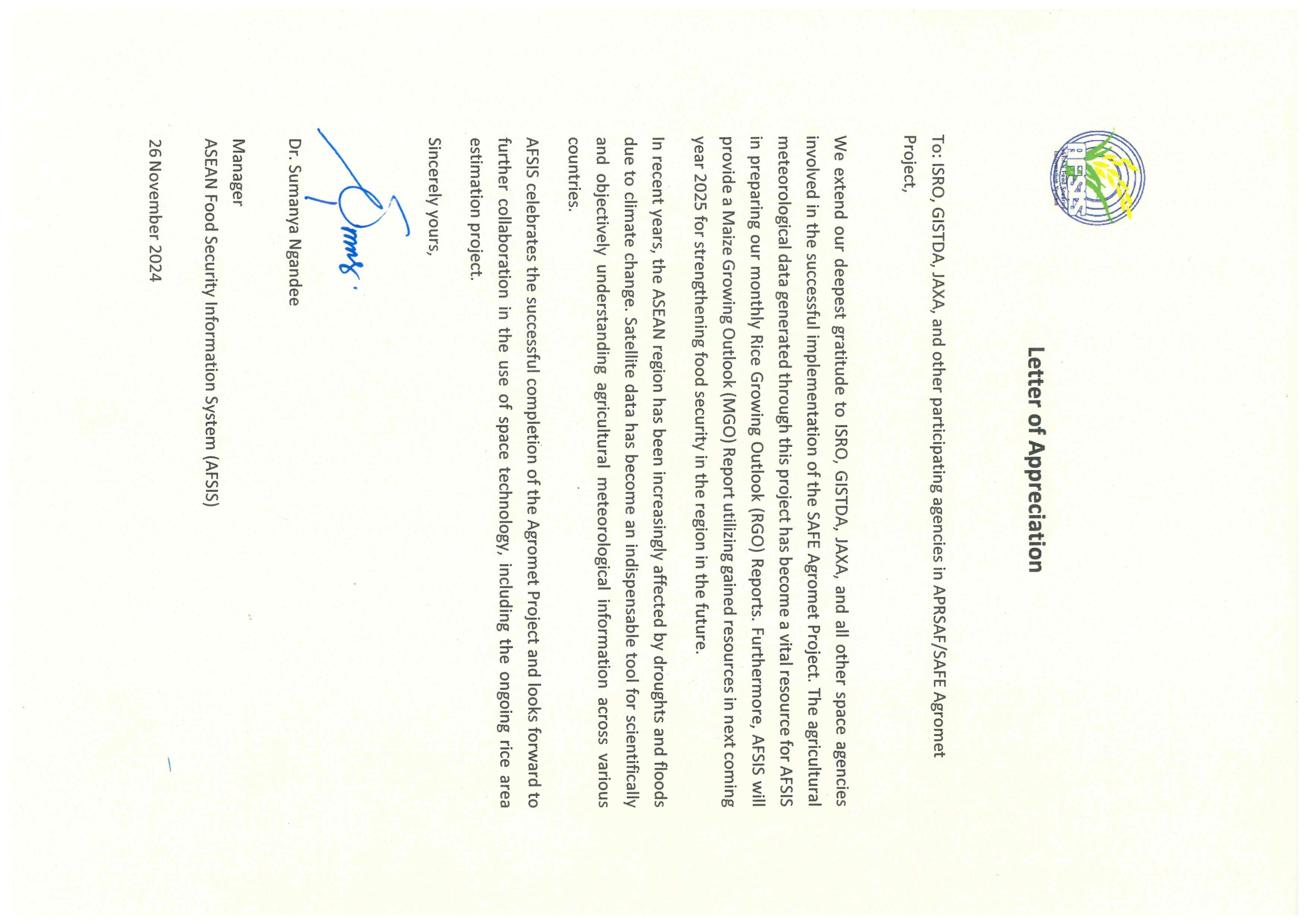ASEAN Food Security Information System (AFSIS) Appreciates ISRO 