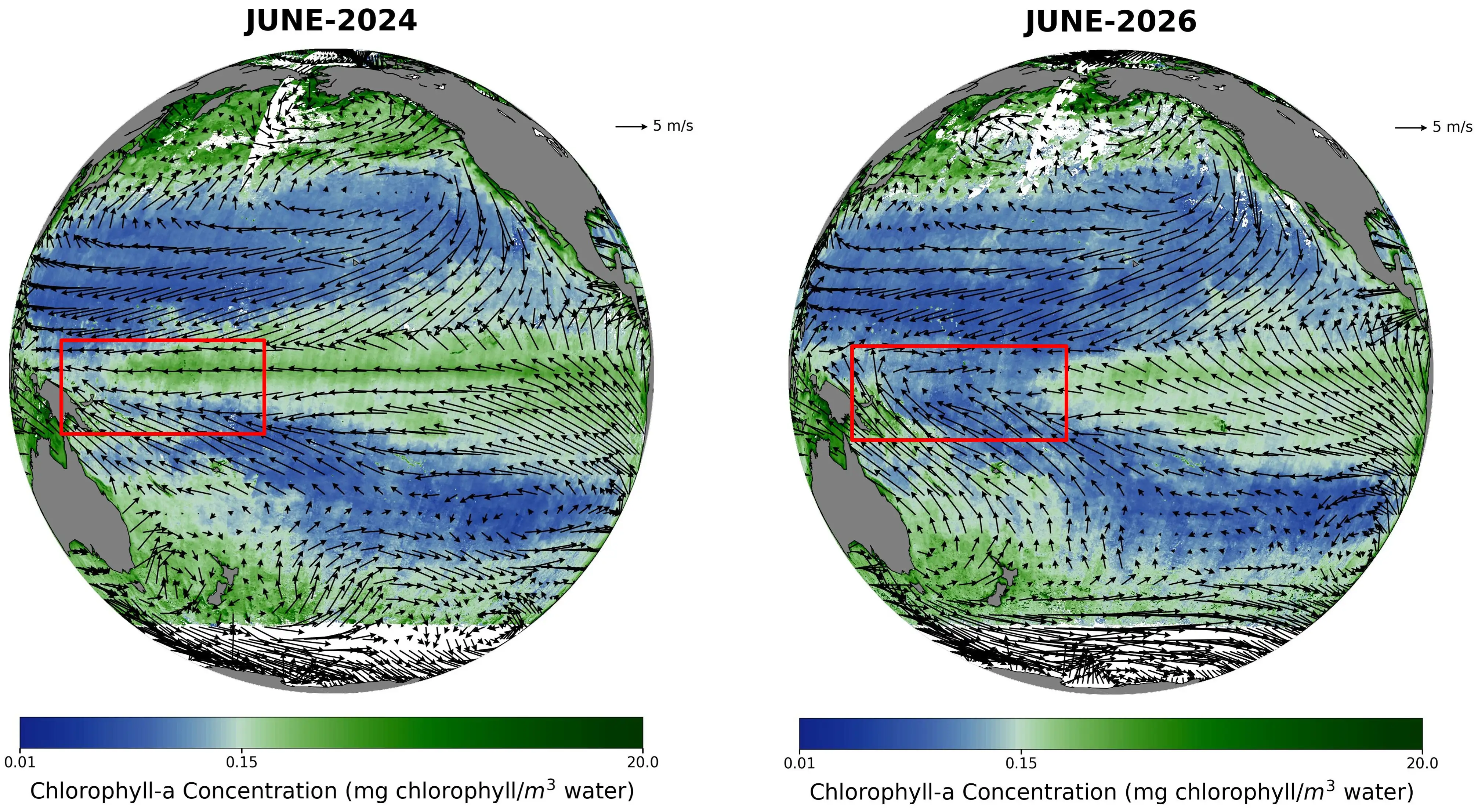 Monthly mean Chl-a (mg/m3) and ocean surface wind vectors (m/s) derived from EOS-06/Oceansat-3