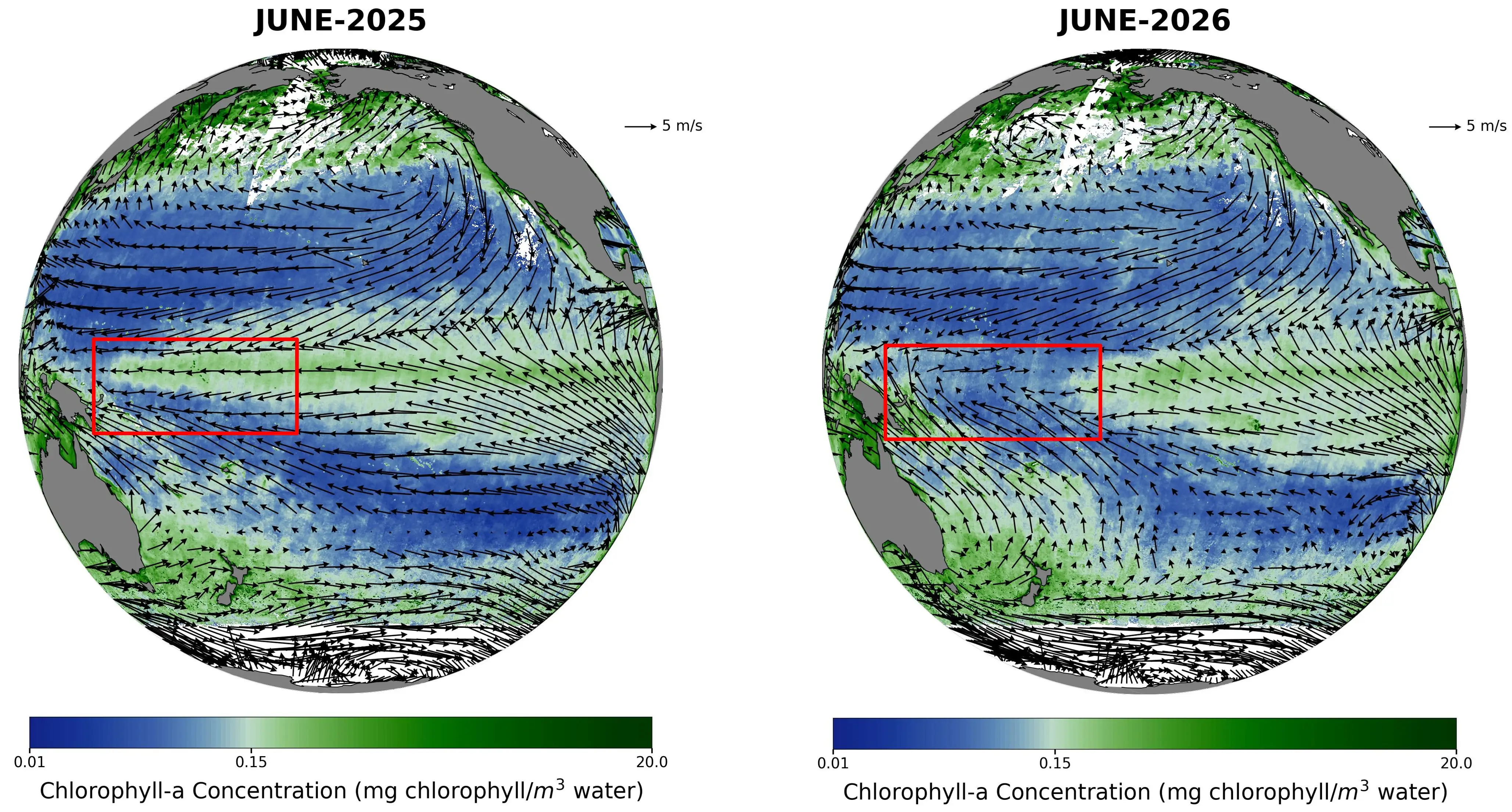 Monthly mean Chl-a (mg/m3) and ocean surface wind vectors (m/s) derived from EOS-06/Oceansat-3