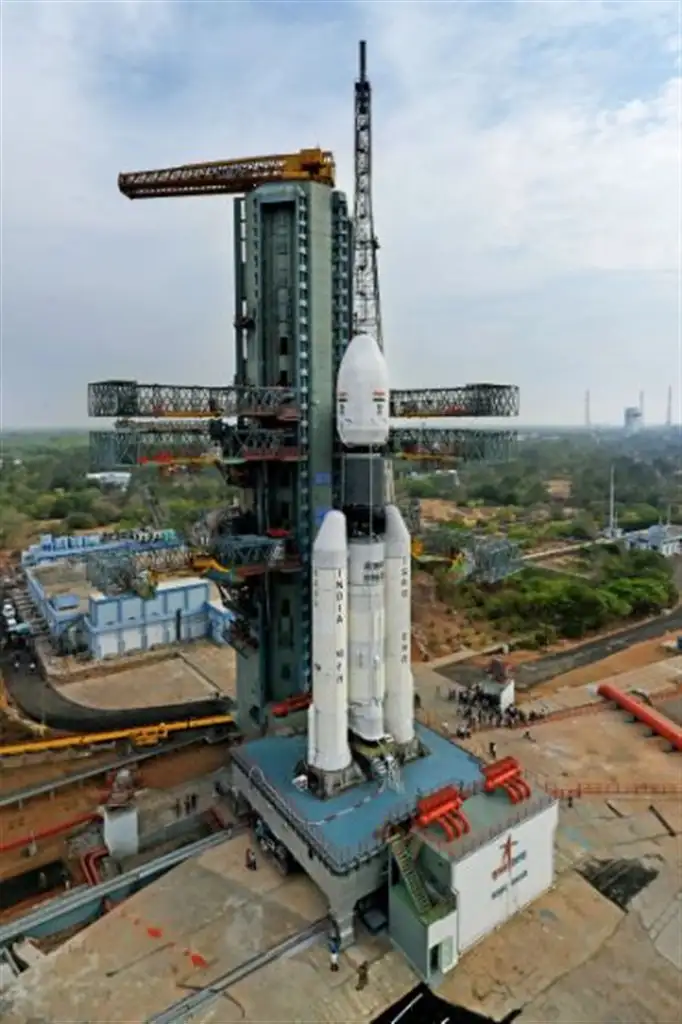 The fully integrated GSLV-MK III D1 carrying GSAT-19 at the Second Launch Pad - side view