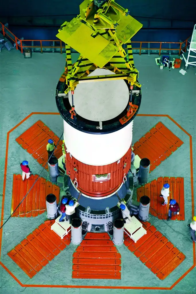 Nozzle End Segment of GSLV-F09 Core Stage being placed on the Mobile Launch Pedestal