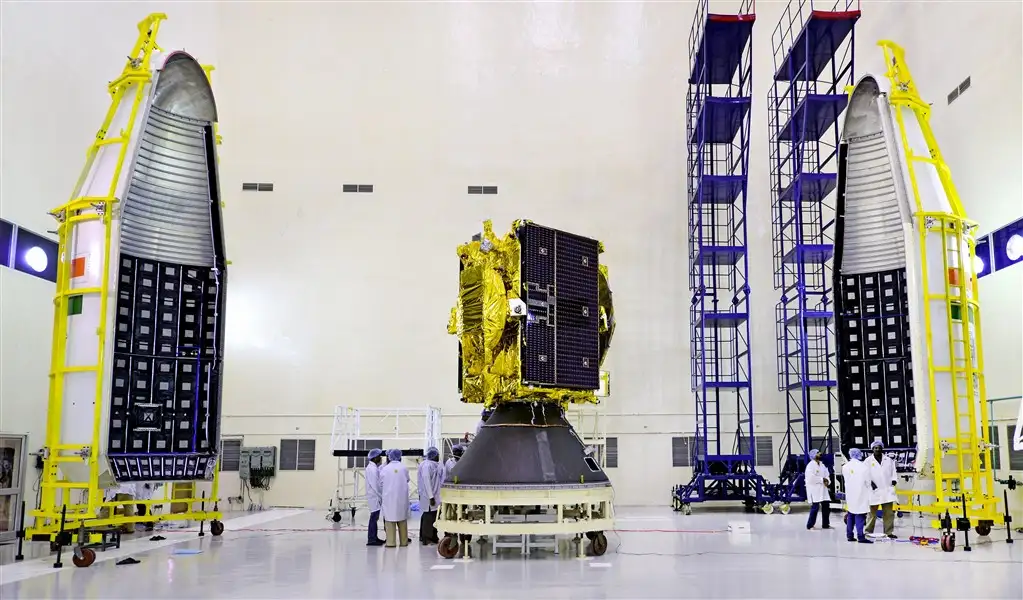 GSLV-F09 Heat-shield is being closed with GSAT-9 satellites inside