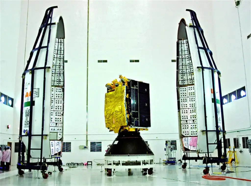 Two portions of GSLV-D3 payload fairing on either side of GSAT-4