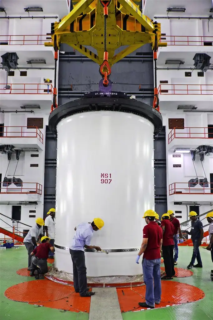 Two Segments of the GSLV-F05 First Stage being joined together at the Vehicle Assembly Building