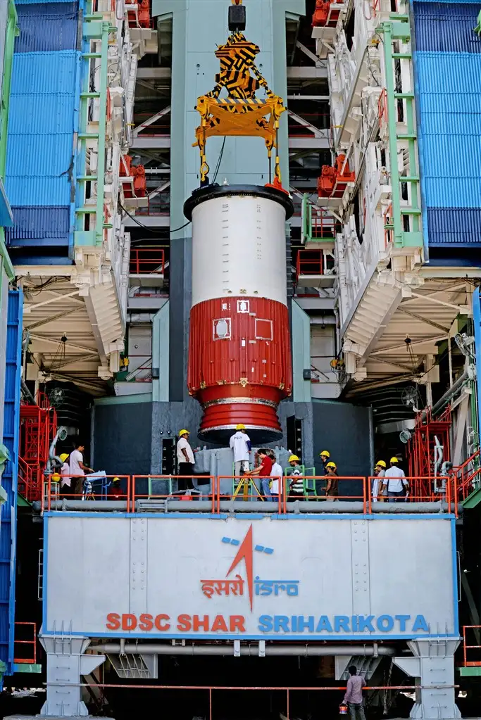 Hoisting of the Nozzle end segment of PSLV-C46 over the launch pedestal