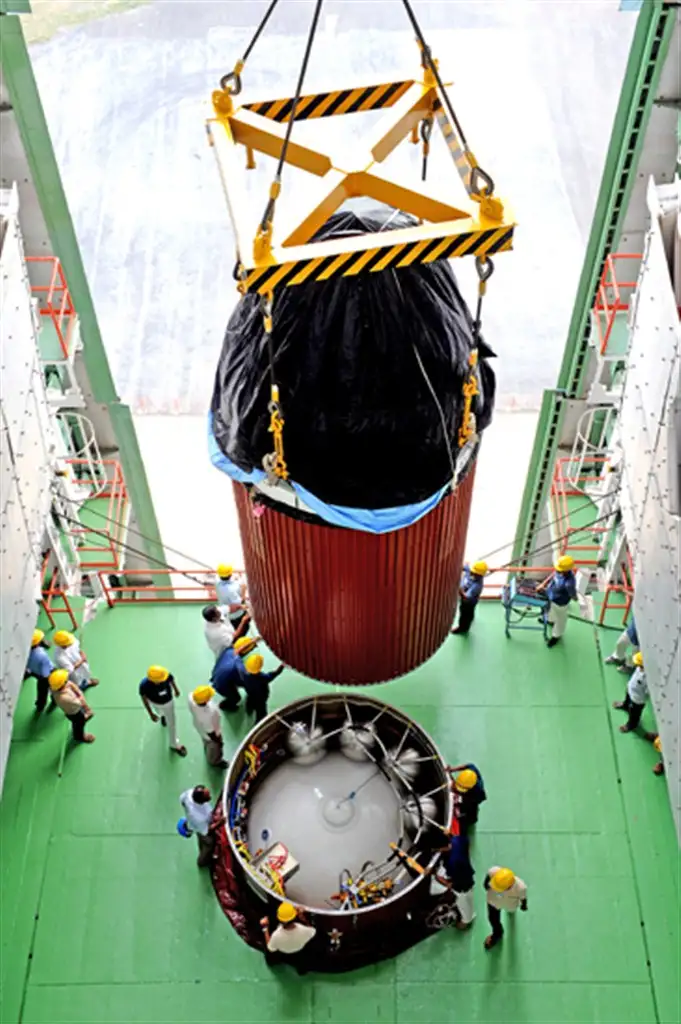 Stacking of PSLV-C20 third and fourth stages in the Mobile Service Tower