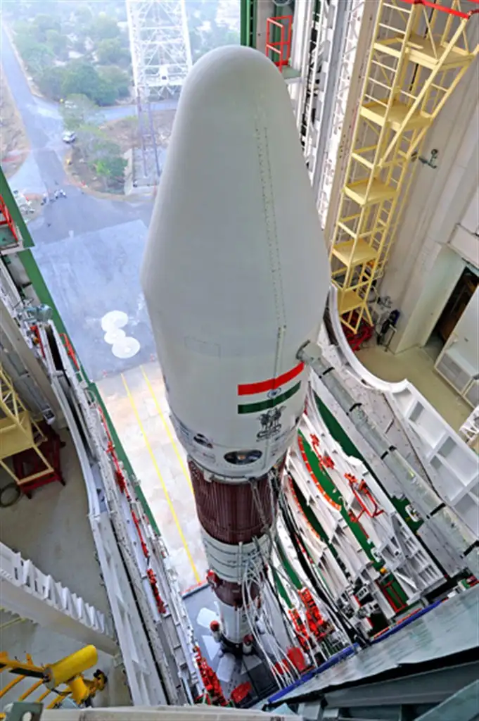A view of fully assembled PSLV-C20 from the top of Vehicle Assembly Building