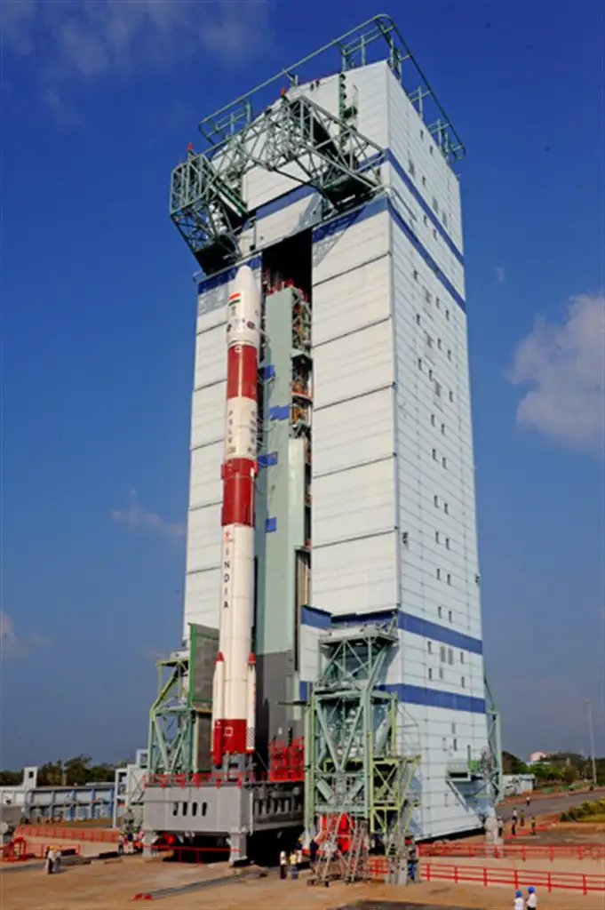 Full view of PSLV-C20 standing on First Launch Pad as Mobile Service Tower moves back