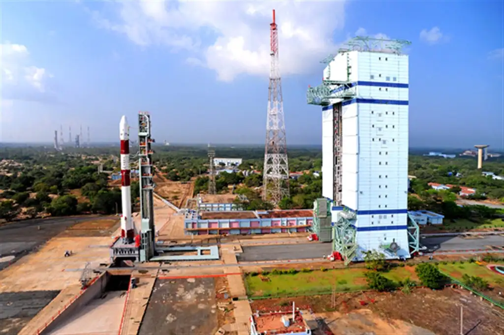 Panoramic view of PSLV-C20 on the First Launch Pad with Mobile Service Tower at a distance