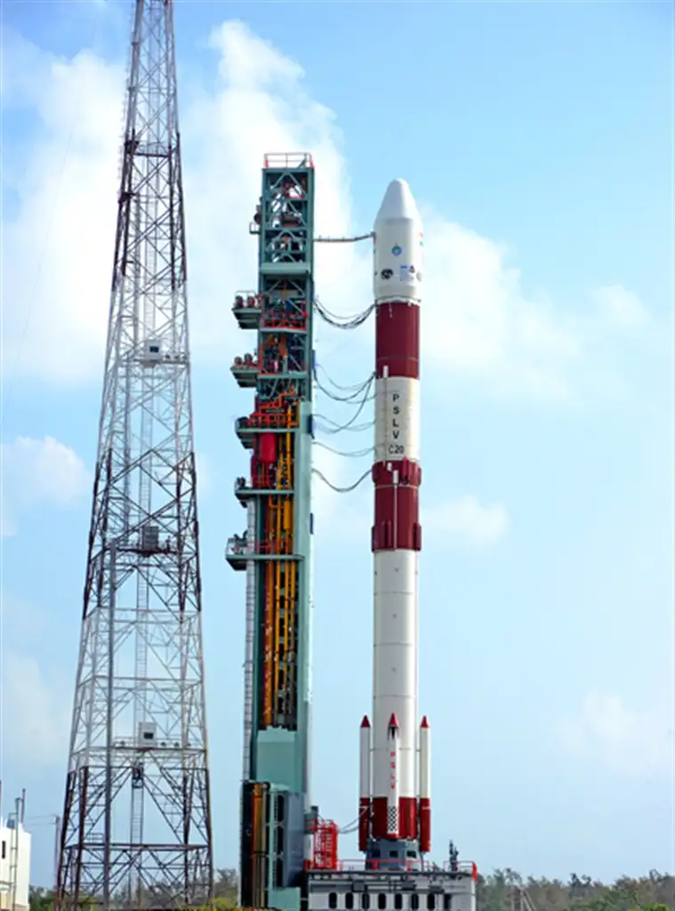 PSLV-C20 on First Launch Pad with Umbilical tower to its left