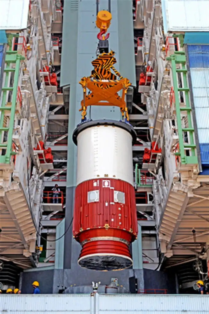 One of the segments of first stage of PSLV - C20 at Mobile Service Tower