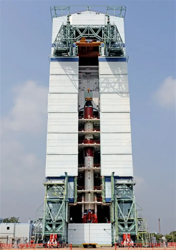 A view of PSLV-C20 after the completion of its assembly upto fourth stage at Mobile Service Tower
