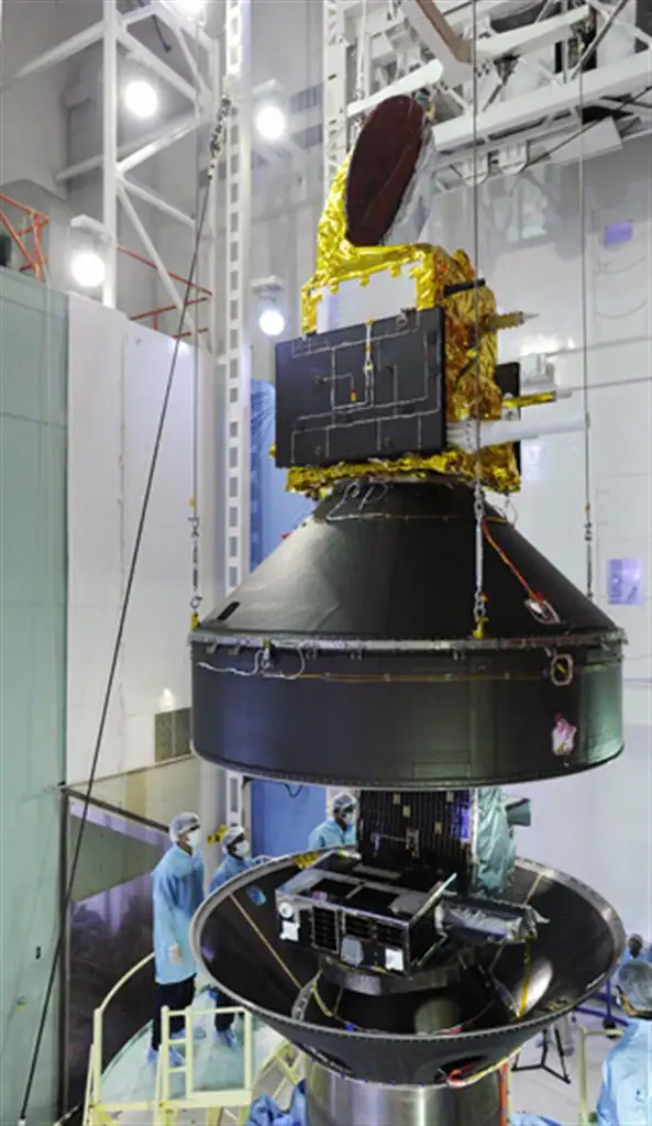 SARAL satellite mounted on top of the conical Dual Launch Adaptor with two small satellite mounted inside
