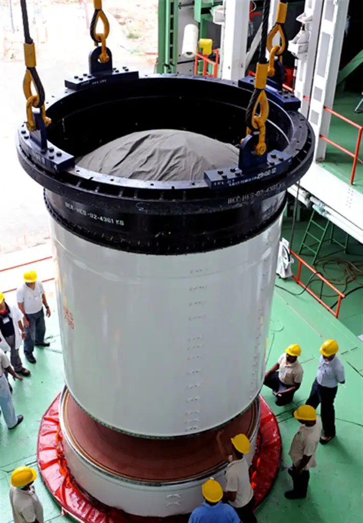 IMAGE OF INTEGRATION OF PSLV-C21 FIRST STAGE SEGMENTS IN PROGRESS INSIDE MOBILE SERVICE TOWER