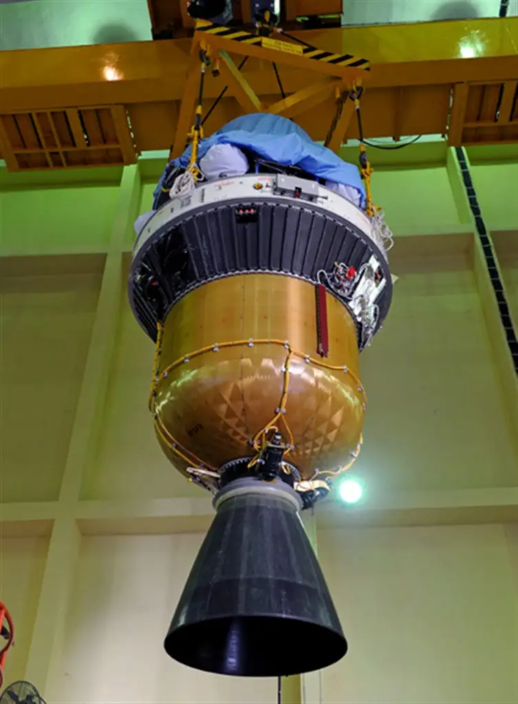 IMAGE OF HOISTING OF PSLV-C21 THIRD AND FOURTH STAGES DURING VEHICLE INTEGRATION