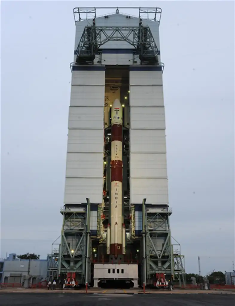 IMAGE OF THE FULLY INTEGRATED PSLV-C21 INSIDE MOBILE SERVICE TOWER