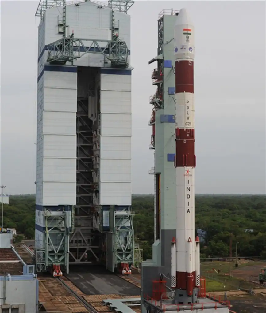 IMAGE OF PANORAMIC VIEW OF PSLV-C21 ON FIRST LAUNCH PAD WITH MOBILE SERVICE TOWER IN THE BACKGROUND