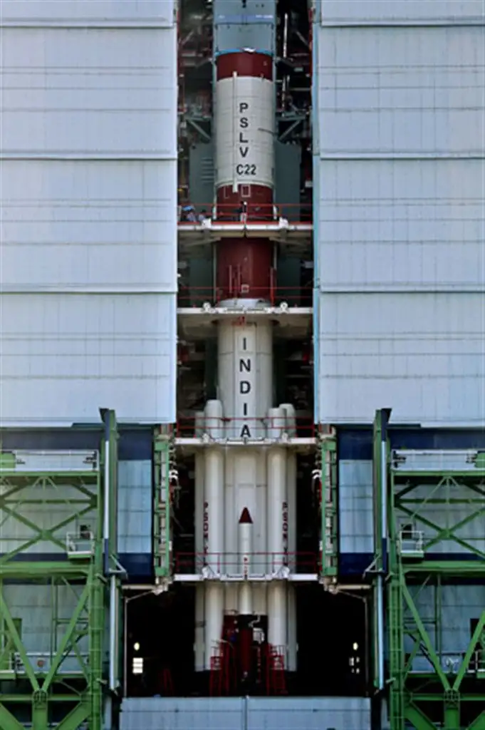 IMAGE OF PSLV-C22 ASSEMBLED UPTO SECOND STAGE INSIDE MOBILE SERVICE TOWER