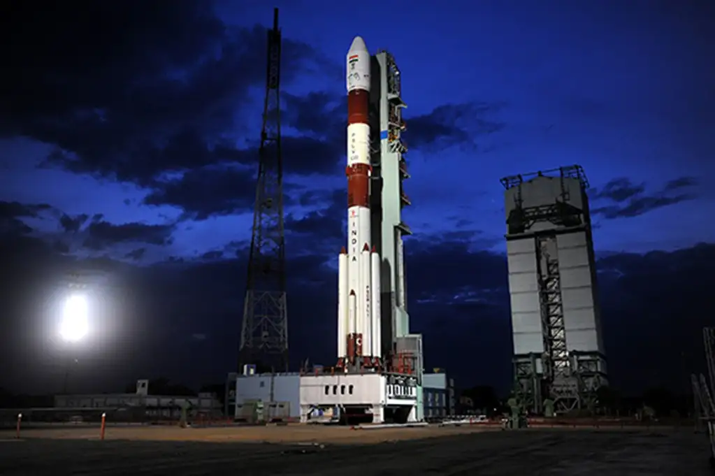 IMAGE OF PANORAMIC VIEW OF PSLV-C22 ON THE FIRST LAUNCH PAD WITH MOBILE SERVICE TOWER AT A DISTANCE