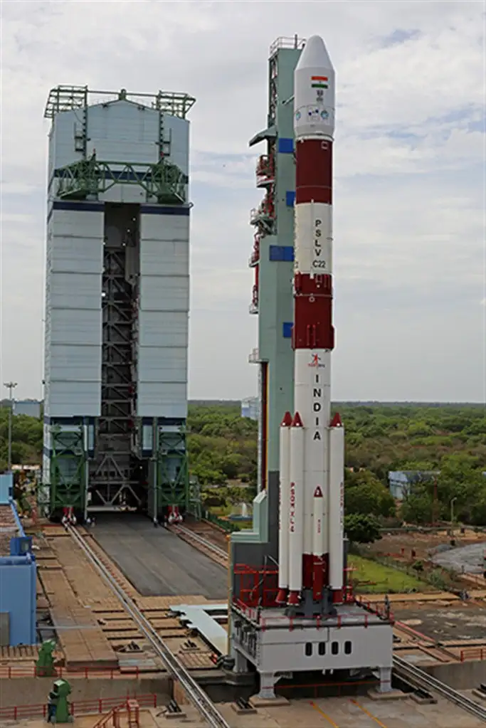 IMAGE OF PSLV-C22 ON THE FIRST LAUNCH PAD WITH MOBILE SERVICE TOWER AT A DISTANCE