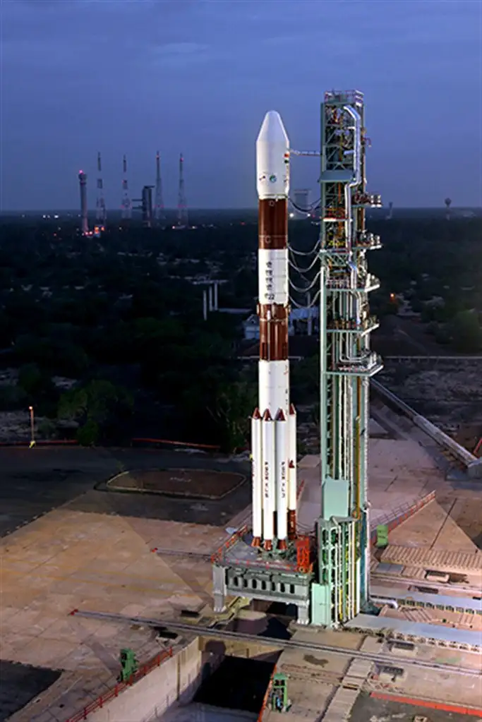 IMAGE OF PSLV-C22 ON FIRST LAUNCH PAD WITH UMBILICAL TOWER TO RIGHT