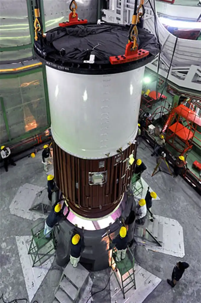 IMAGE OF BOTTOM MOST SEGMENT OF PSLV-C22 BEING PLACED ON LAUNCH PEDESTAL