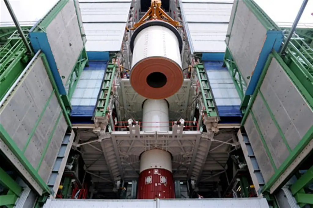 IMAGE OF HOISTING OF ONE OF THE SEGMENTS OF PSLV-C22 FIRST STAGE