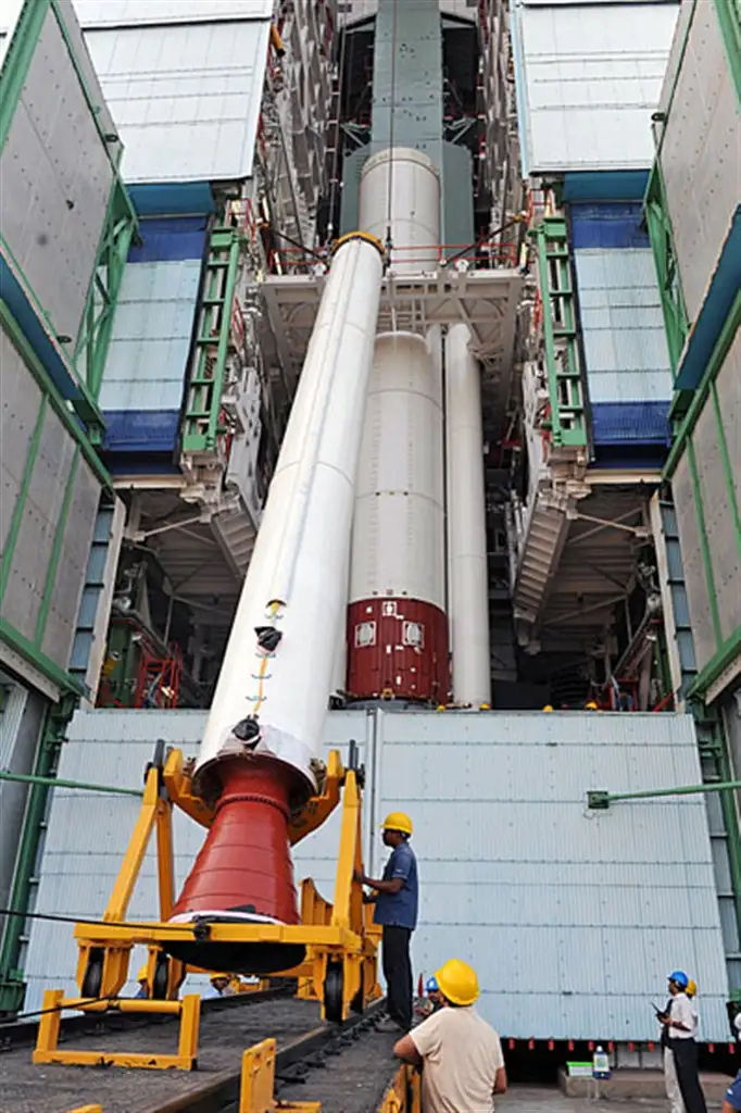 IMAGE OF ONE OF THE STRAP-ON MOTORS OF PSLV-C22 BEING TAKEN INTO MOBILE SERVICE TOWER