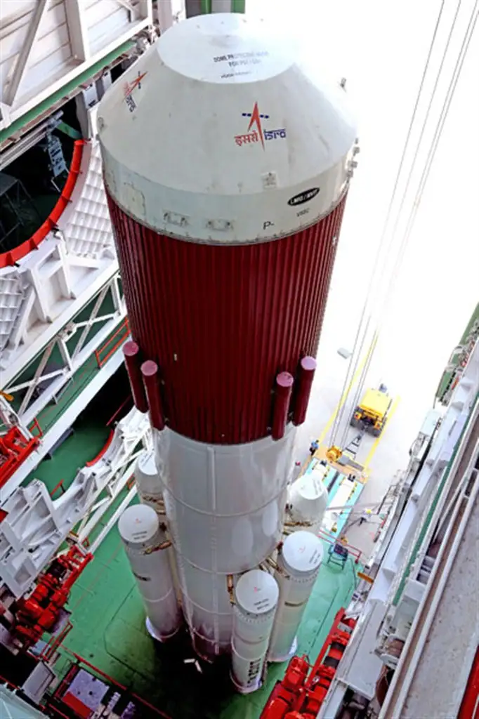 IMAGE OF PSLV-C22 GIANT FIRST STAGE WITH SIX STRAP-ONS INSIDE MOBILE SERVICE TOWER