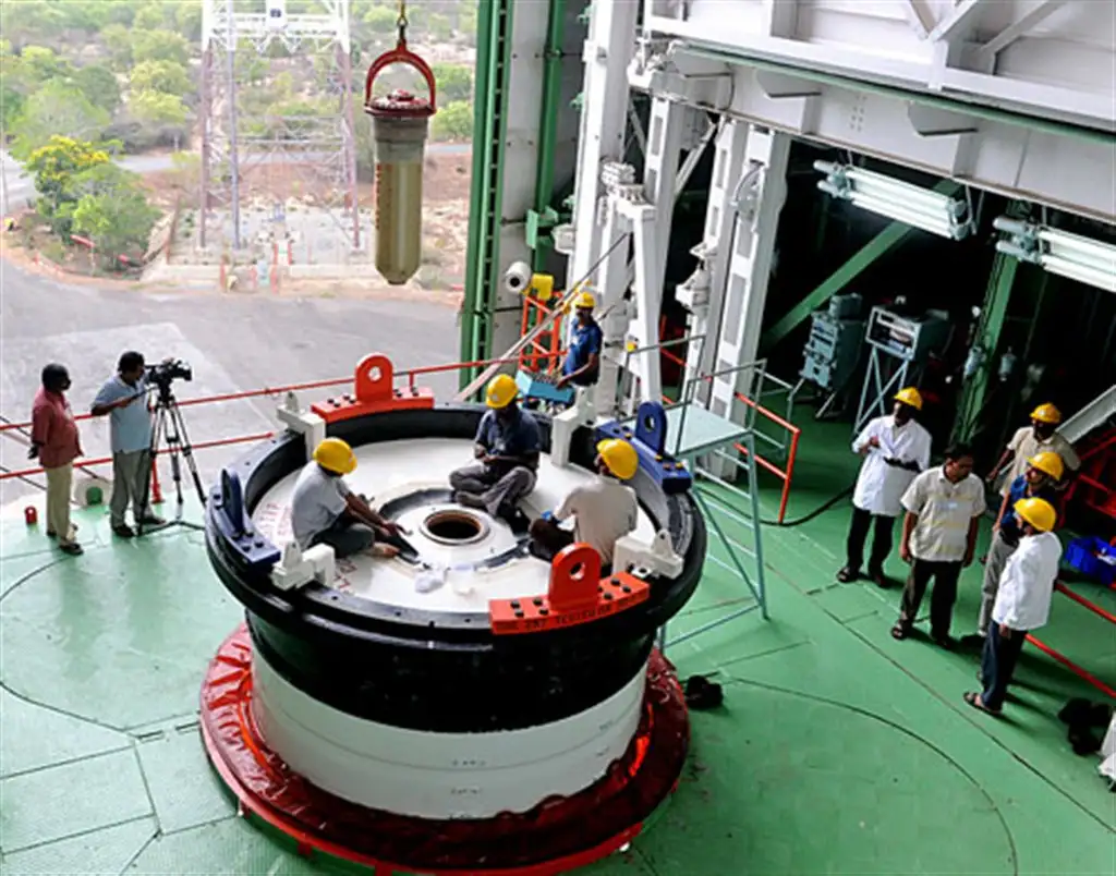 IMAGE OF PSLV-C22 FIRST STAGE IGNITER BEING HOISTED