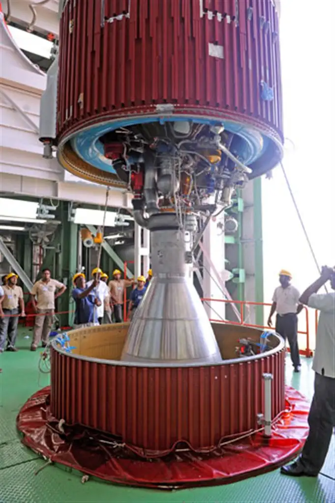 IMAGE OF PSLV-C22 SECOND STAGE LIQUID ENGINE BEING LOWERED INTO THE INTERSTAGE