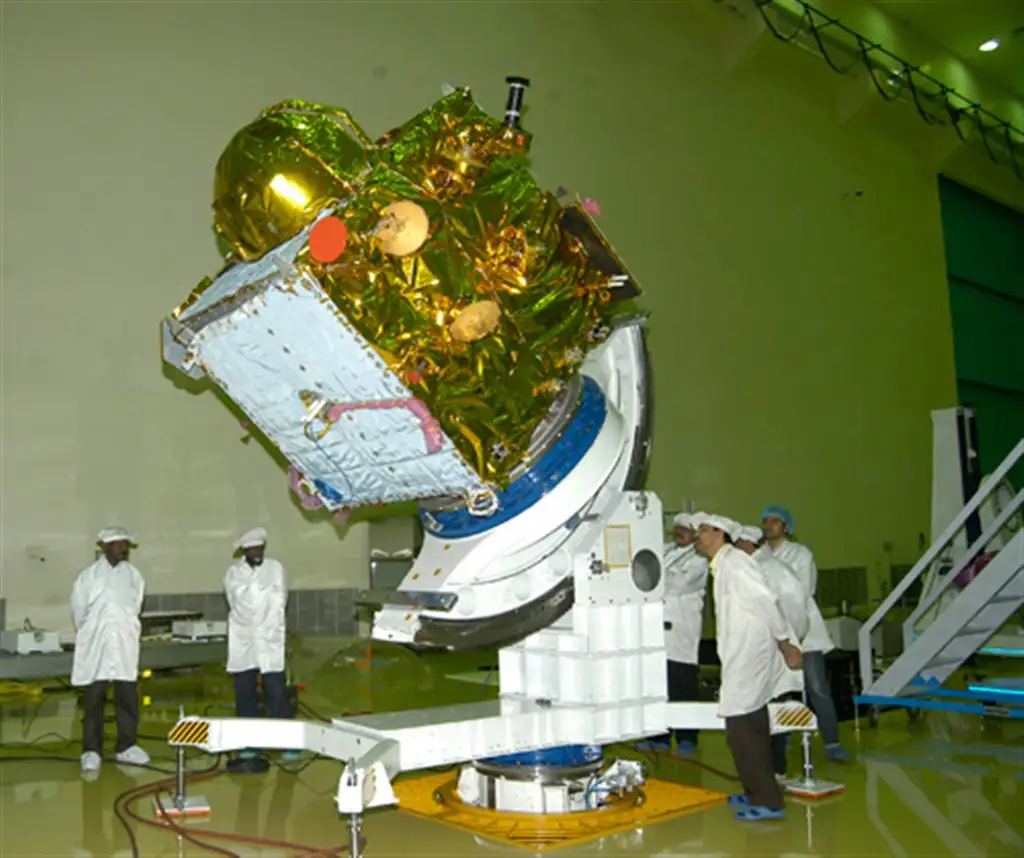 Image of IRNSS-1A Satellite undergoing test in clean room