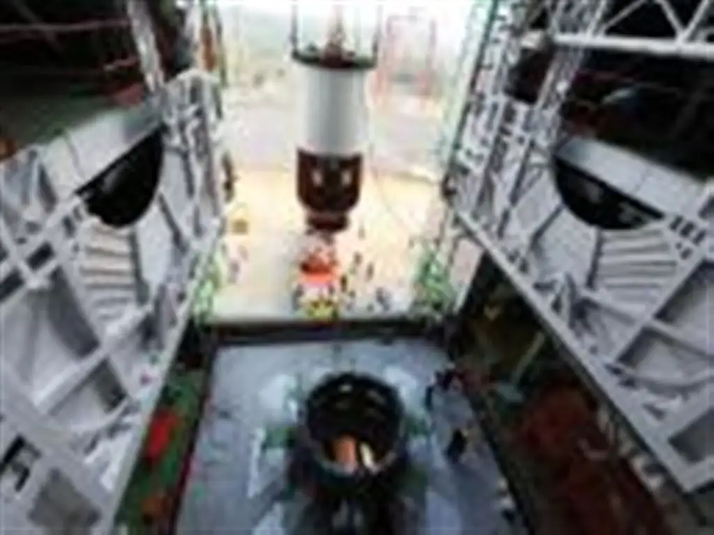 Nozzle End Segment of PSLV-C26 being hoisted for assembly with launch pedestal