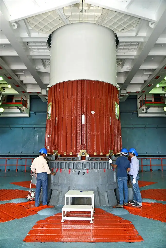  Placement of Nozzle End Segment of PSLV-C27 1st stage over Launch Pedestal in progress