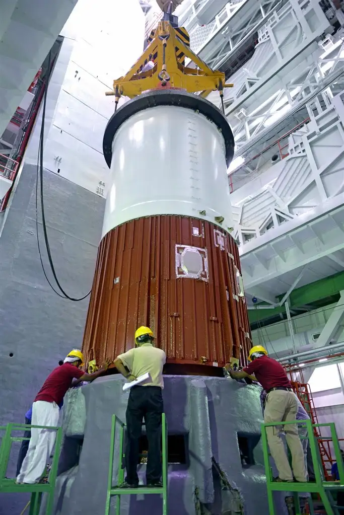 PSLV-C29 First Stage Nozzle End Segment Being Placed On Launch Pedestal