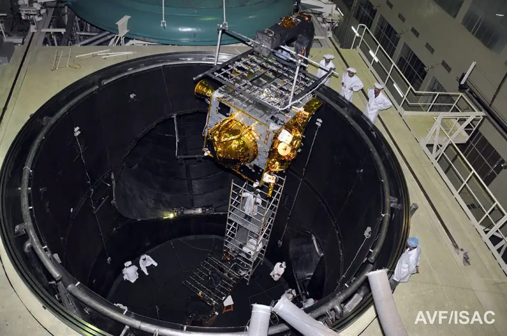 IRNSS-1E being loaded into the Large Space Simulation Chamber for Thermal Vacuum test