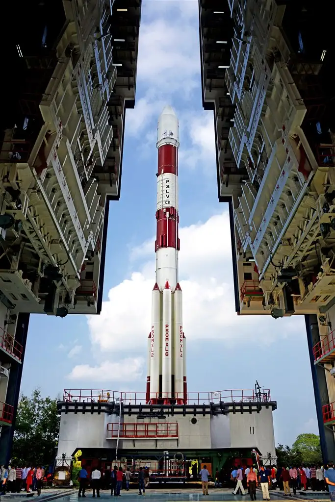 Fully integrated PSLV-C31 with IRNSS-1E being moved out of Vehicle assembly building