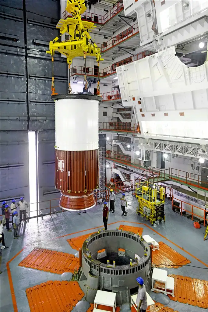 Placement of Nozzle End Segment of PSLV-C31 First Stage over Launch Pedestal in progress