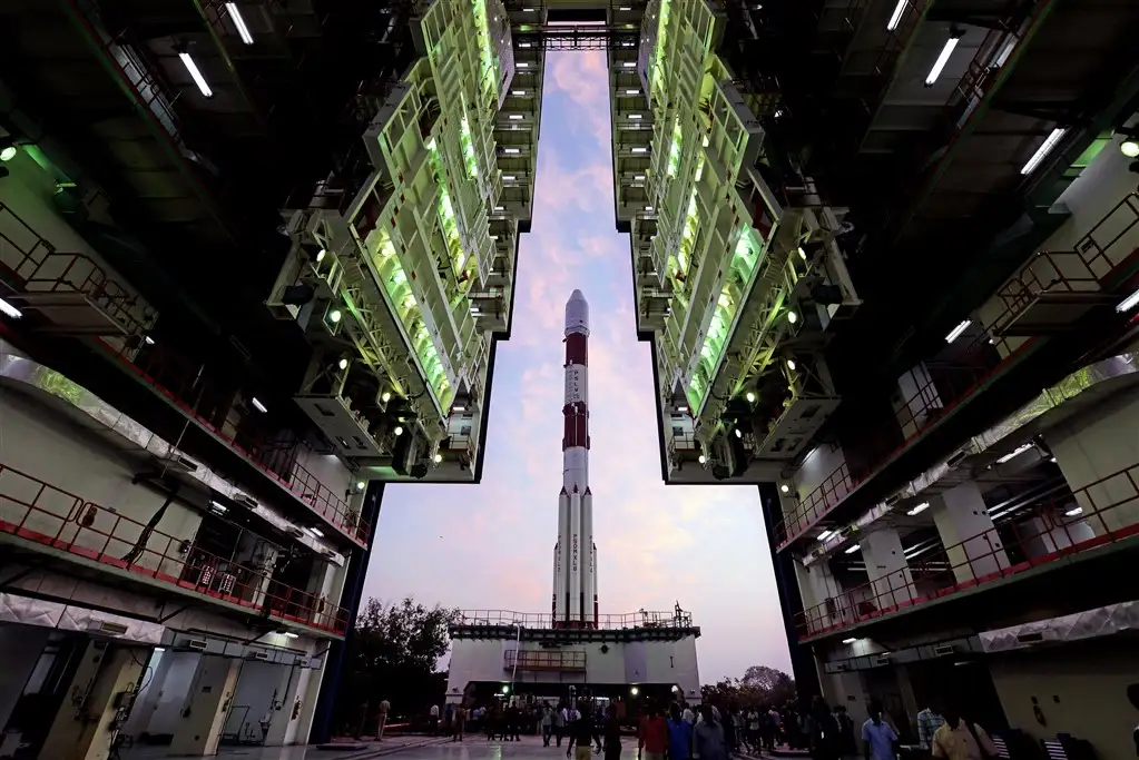 Fully integrated PSLV-C32 with IRNSS-1F being moved out of Vehicle assembly building