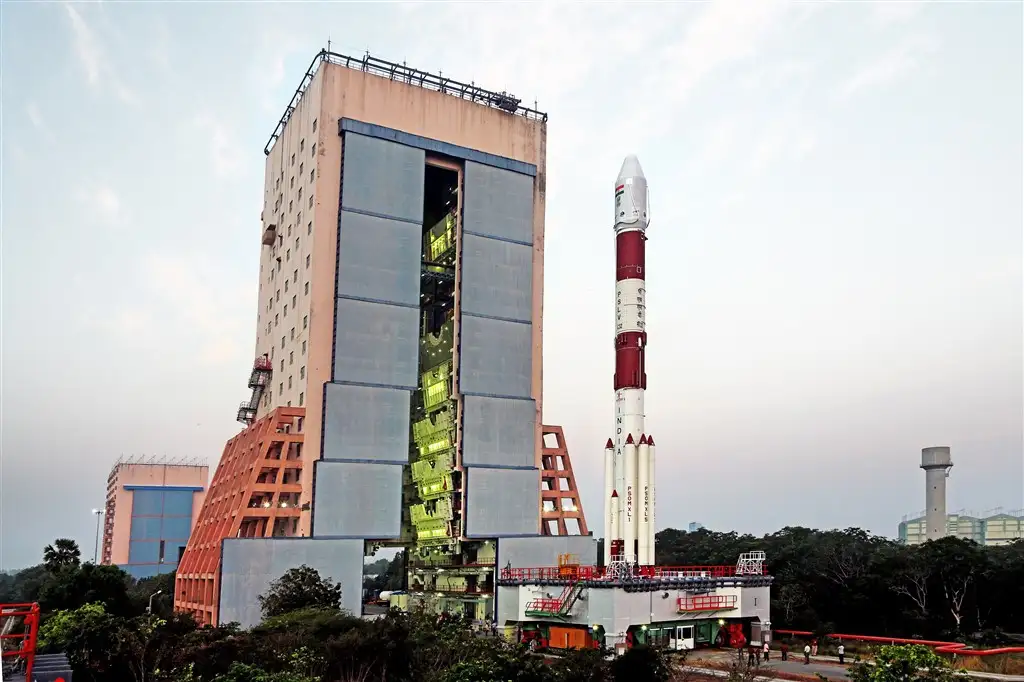 Fully integrated PSLV-C32 with IRNSS-1F being moved out of Vehicle assembly building to second launch pad (SLP)