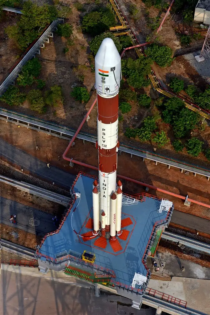 Arial view of Fully integrated PSLV-C32 with IRNSS-1F being moved out of Vehicle assembly building to second launch pad (SLP)