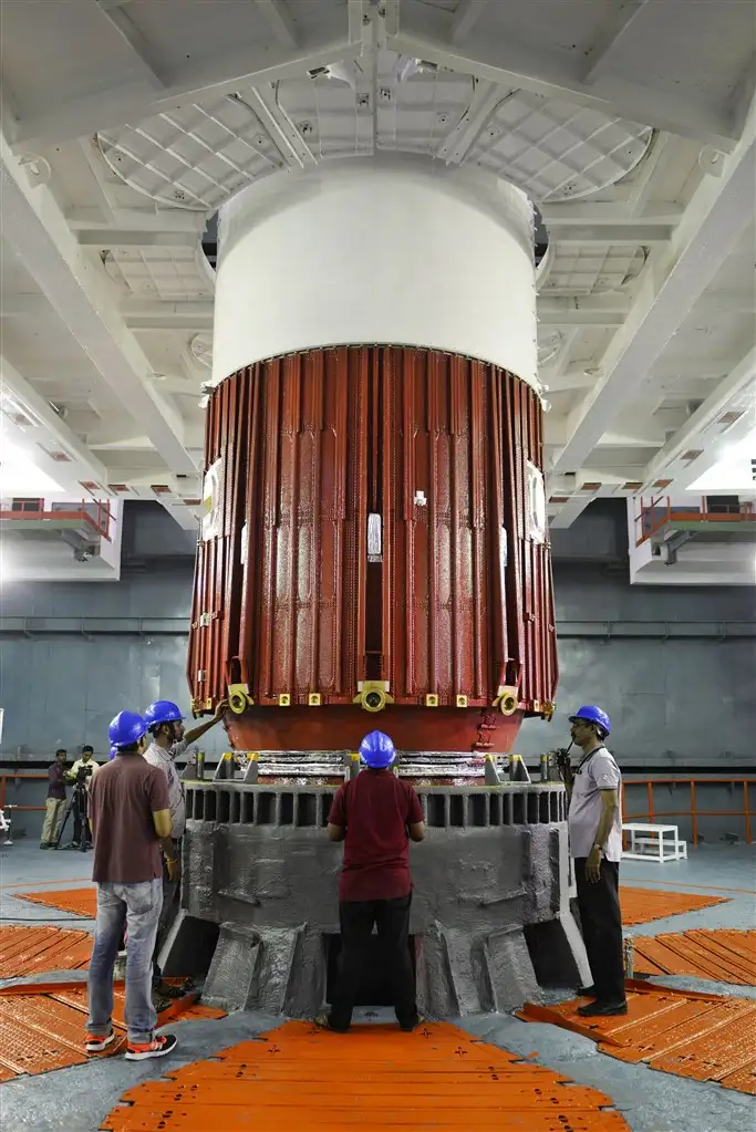 Placement of Nozzle End Segment of PSLV-C32 1st stage over Launch Pedestal in progress