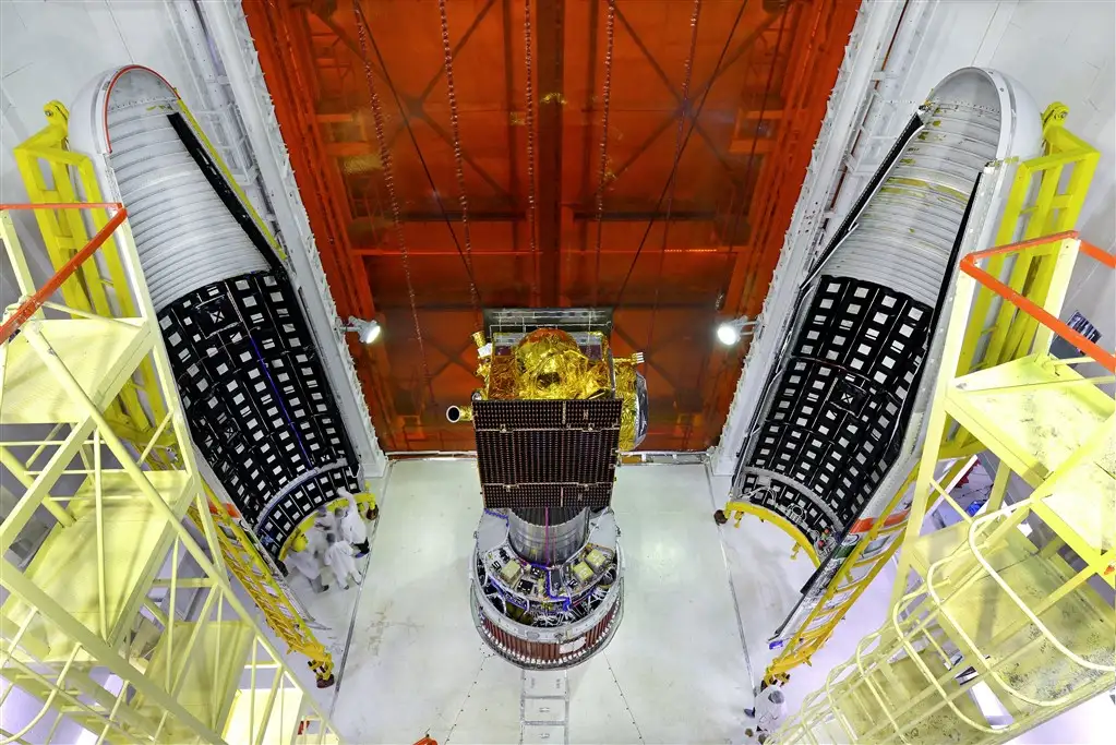 IRNSS-1G spacecraft integrated with PSLV-C33 with two halves of the heat shields seen