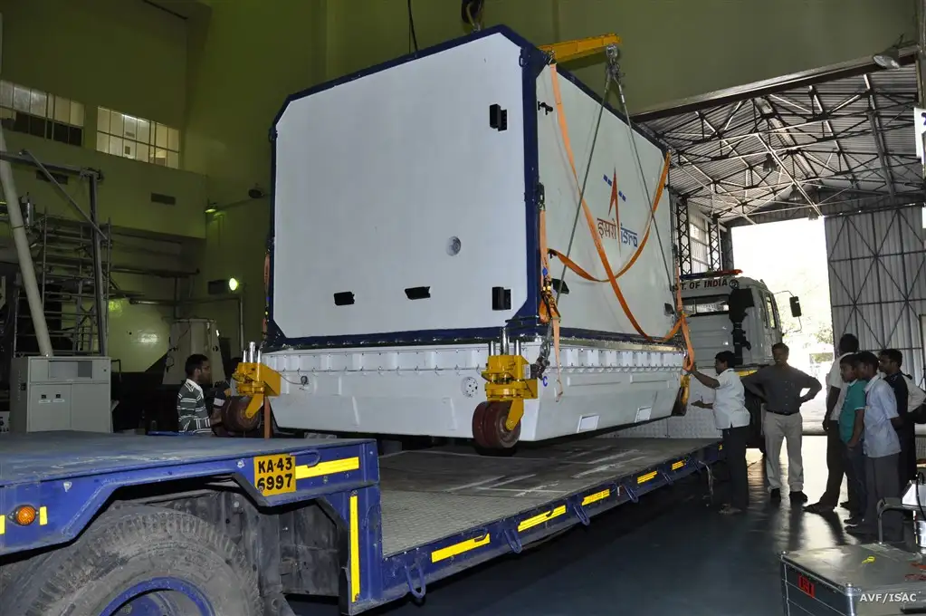 Container with IRNSS-1G is being loaded on to the truck for  transportation to SDSC SHAR from ISITE, ISAC Bengaluru