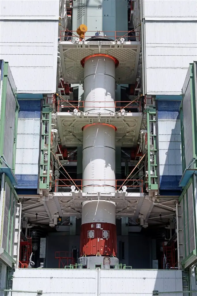 PSLV-C33 core stage integrated over the  launch pedestal