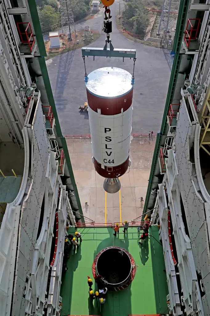 Hoisting of PSLV-C44 second stage during vehicle integration.