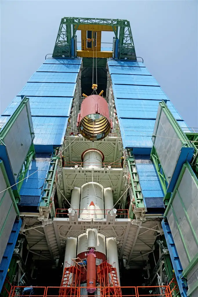 Hoisting of an interstage during PSLV-C44 integration