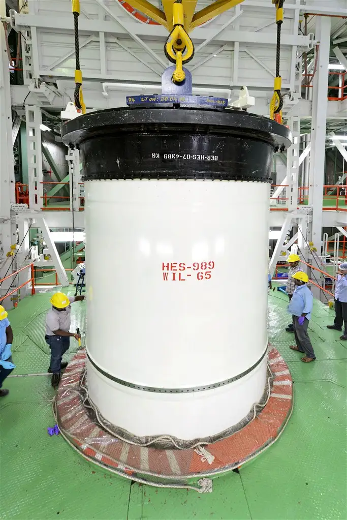 A View of two joined segment of PSLV-C44 Core Stage at Mobile Service Tower