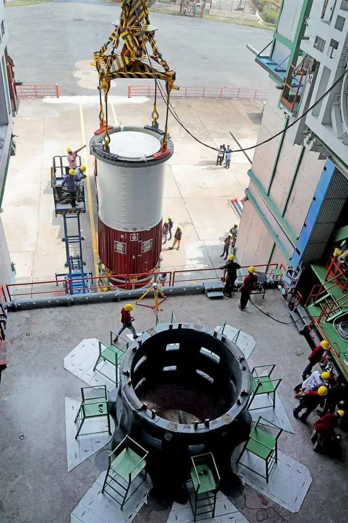 Hoisting of the Nozzle end segment of PSLV-C44 over the launch pedestal